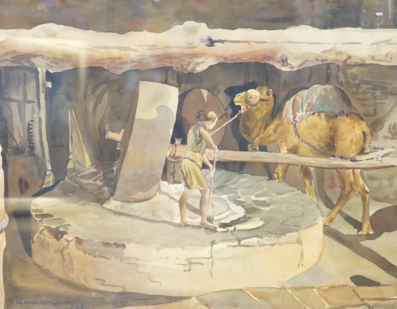 Nahat Nahapetian (Iranian, 1921-1993), watercolour, Camel turning a mill stone, signed and dated 1963, 36 x 46cm